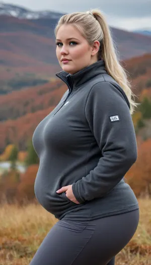 (masterpiece, best quality:1.2), very plus-size 1 girl, (((ssbbw))), ((oversized massive bosom:1)), swedish film character, solo, (anthracite fleece troyer, long sleeves:1.2), dark grey open hooded windbreaker, tight hiking pants, outdoors, Blue, pretty eyes, white blonde hair, high ponytail, packed wide hips, bright ice blue eyes, fat cheeks, Standing in autumn swedish fjell landscape, she is flirting with viewer, seductively smiling, photorealism, perfect face, portrait, shot from side, profile