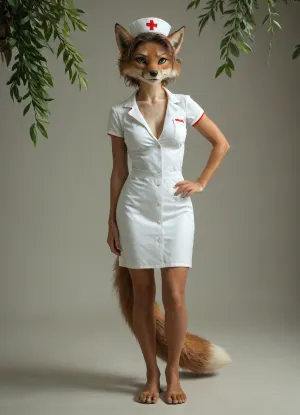 sexy toon female furry fox, fit body with wide lean hips, dressed as a nurse, full-body front view, plain background, Jungle, w4t3rf4ll, <lora:Jungle_w4t3rf4ll:.8>, <lora:early621-000002:.8>