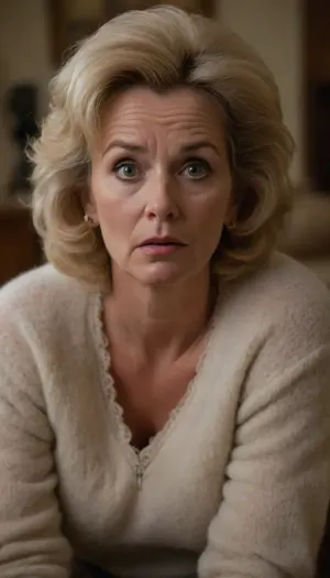 Prim and proper 1970's mature house wife, ((45 years old:1.2)), blond bouffant. Wearing a fluffy mohair sweater, lace panties, (looking worried at the viewer:1.5)