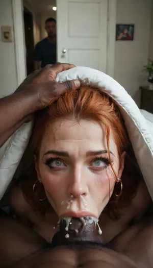 score_9, score_8_up, score_7_up, score_6_up, Ginger milf, bedroom, (deepthroat:1.2), under covers, (male pov:1.2), blushing, (caught:1.3), shocked husband in doorway, dimly lit, nude, drool, hand on head, shadow, musk, heavy breathing, pov, pussy, pink nails, huge cock, cum overflow, empty eyes, rolling eyes, cum squirting from nose, teary, sweaty, interracial, Stable-Yogis-Makeup-Enhancer-XL