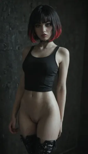 Slender 21yo woman, (bob cut and bangs black hair:1.3), (red highlights), Oval high cheekbone face. Wide jaw., (Pale skin:1.5), with soft features, heavy dark eyeliner and purple lip gloss.

Wide brown eyes, filled with devotion and submission, (Wearing black tank top, dark tight side laced leggings and high heel boots. Also wearing a thick black choker), Submissive body language, (Standing in a dirty dark room), detailed face, detailed hair, detailed body, detailed skin, detailed breasts, detailed pussy, random view angle, action pose, <lora:dark:.8>