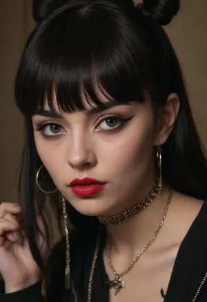 The image features a close-up portrait of a 25 years old individual, predominantly obscured by long, black hair that is styled into two high buns on top, ((bangs:1.5)), each secured with what appears to be metal clips or studs. The hair has strands and tassels dangling from it, and there are chains linking the hair buns to what seems like a necklace or chain accessory.

The person's eyes are visible, they have a striking green hue and appear to be looking directly at the viewer. Eyeliner and mascara give definition to the eyelashes, and there's noticeable red eye shadow around the lower lash line, which accentuates their gaze. Dark eye makeup is present, with dark eyeliner accentuating the eyes and light blush on the cheeks adding a touch of color. The person also sports dark-colored eye patches over parts of the eyes.

There's a prominent nose ring, and the lips bear a glossy finish, hinting at red lipstick. Around the neck, there's a tattoo that looks like it could be a dragonfly, with intricate line work and shading adding depth. She seems a little absent minded.

The individual is wearing a black hoodie with a drawstring closure. A small, silver pin or emblem is pinned to the left side of the hood. The background is muted, with white floral patterns outlined in black, evoking an ornate or traditional vibe. These designs resemble stylized flowers, leaves, and possibly butterflies or birds, creating a circular frame for the subject.

The overall aesthetic of the image leans towards gothic or alternative fashion, with a mix of edgy elements such as body motifs. The color palette is quite limited, primarily consisting of black, white, and shades of pink and red from the makeup.