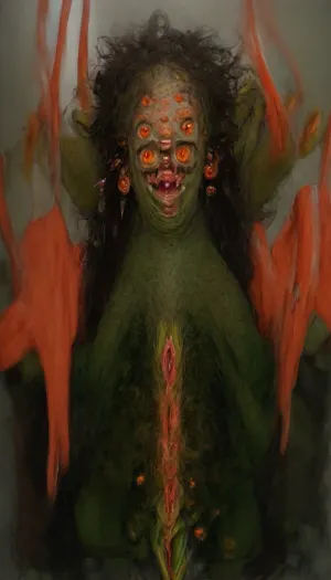 Standing, front view, 3/4 side view, shrek, thick thighs, chubby belly, very short, 4'8" 1girl, ahoge, angry, big hair, body blush, (body freckles:1.2), breasts, brown hair, clenched hands, colored sclera, colored skin, completely nude, earrings, fangs, female goblin, freckles, freckles on ass, goblin, (green skin:1.3), hands up, large areola, long hair, long pointy ears, looking at viewer, messy hair, hairy pussy, nipples, nude, open mouth, orange eyes, pointy ears, (saggy pussy:1.1), cosplay, in a grove, small breasts, solo, teeth, very long hair, yellow sclera, side view, (green skin:1), (green pussy:1), (green areola:1), (buble butt:1.2)