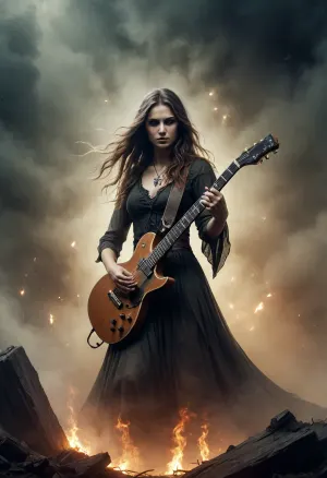 illustration. draw with ink and brush, Melodic death metal, folk, Germanic Mythology, strong female, flying-V guitar, sweeping arrangements, epic and majestic. shrouded in soul fire and decay fog. Three levels. shallow depth of field, night vision, parallax, overexposure. /©KlTTY-ART/