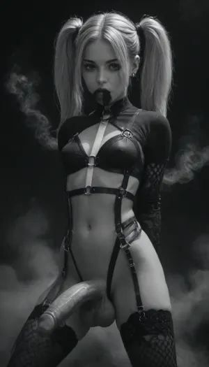 (((black and white, no colors:4))), futanari futa shemale, black footwear, black gloves, ((blonde pigtails:1.4)), wide thighhighs, ((big testicles:1.5)), ((erected big penis visible:1.6)), body harness, bondage outfit, collarbone, fishnet gloves, fishnet thighhighs, gloves, big perky breasts, looking at viewer, (goth:1.5), navel, ((wearing black high heel pumps.1.6)), standing, curve of thighhighs, tanned skin, long legs, slender body, smocking cigarette with long holder, ((exhaling a lot of smoke from mouth:1.5))