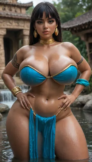(Super sexy dusky Chel:1.3), ((glassy grey pupil:1.2)), ((long straight black haircut)), ((Gold Broad Choke Collar)), ((brown skin:1.5)), perfect hourglass body, ((Chel from El Dorado blue cosplay)), Posing sexually thighs in golden tribal temple, tattooed tits, super wet big round breasts, (((huge busty, wet body, huge hip, thicc thighs)))