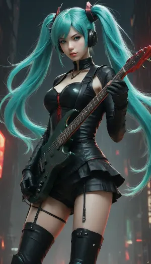 masterpiece, very aesthetic, absurdres, best quality, good quality, newest, highres, digital art, anime style, ((Hatsune Miku)), ((long turquoise-twin-tails)), wearing futuristic black and silver armor with red accents, ((holding a v-red and black electric guitar)), green glowing light effects, intense green and black color palette, detailed shading, Miku's expression is focused, background with abstract green and black patterns, high contrast, dynamic pose, Miku's eyes are sharp and green, long black gloves, thigh-high black boots, futuristic and edgy, cyberpunk vibe, music theme, electric guitar strings visible, light reflections on armor, anime girl, detailed hair, digital painting, highly detailed, vibrant colors, music-inspired, futuristic outfit, energetic composition., Hiori, Light, Art, Backlight, <lora:EnvyStarlightDream01-Vivid:1.4>, <lora:Light Art:1.7>, <lora:YTSKX:.8>, <lora:Artgerm_XL_PONY:1.3>, Controlar la colección LoRA

LCM y TurboMix LoRA, (¡Solo 12 MB, muestreo de 8 pasos! ¡El efecto es superior al uso de LCM o Turbo solo!), Estilo 3D Niji_SDXL

Sandalias Envy Badass XL 01

Ajustador de detalles XL, yellow, theme, dress, black, hair, forehead, mark, jinluan, <lora:jinluan-000005:.8>