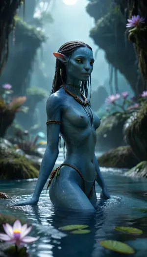 (masterpiece, best quality, ultra-detailed, cinematic lighting, 8k), tiny tits, midnight ancient forest, nude neytiri from avatat floating in glacial pool, (actress Zoe Sardana), runes glowing on her skin, vagina, full moon reflection, frozen lotus flowers blooming at her feet, mystical frost crystals forming everywhere, Full Body in Frame, 7-Avatar, Avatar, environment, Machinery, Na'vi, Miles, Quaritch, Jake, Sully, Neytiri, Tsireya, Tonowari, Lo'ak, Ronal, godpussy, <lora:MJ52:.8>, <lora:Avatar v1.0:1.6>, <lora:SDXL_GodPussy_v1:.8>