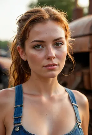 Curvy youthful sloppy woman, thigh gap, freckles, tan lines, high tan mark, sun kissed skin, drunk facial expression, leaning on a rusty old tractor, in a junk yard. Wearing tattered denim dungarees, holes, rips, frayed. all bathed in the warm golden hues of a breathtaking sunset, (perfect face:1.5), (perfect nose:1.5), clothed. Close up view, head and shoulders, upper and lower chest. Auburn hair pulled back into a short, ponytail, slicked back hair. looks lovingly at the person behind the camera. Hair follicles, skin texture visible. hot and sweaty, her skin glistening in the warm light, wet skin, beads of sweat, sun is on her face, hot evening, <lora:Midjourney Image Enhancer XL v1:2>