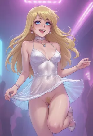 Score_9, score_8_up, score_7_up, melkor mancin artstyle Lucy Heartfilia, luxurious transparent micro dress, no panties, long hair, lewd girl, hairy pussy, jumping, bouncing brests, mid-motion shot, strip club, neon lights, ratatatat74, high contrast, (thick outline), <lora:ratatatat74-000050:.8>, <lora:cartoon_stickers_xl_v1:.8>