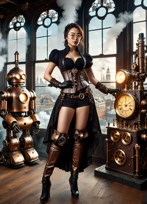 (masterpiece), (best quality), (extremely detailed), (photorealistic), (intricate details), (a beautiful young Asian woman), steampunk fashion, (standing pose), full body shot, (wearing a black corset with brass accents:1.2), puff sleeves, black shorts, (long flowy black skirt:.8), behind her, (thigh high brown leather boots with gears and blue glowing accents:1.3), (steampunk goggles on head:.9), (small round glasses:1.1), (intricate leather fingerless gloves), (hair bun), ((steampunk laboratory background:1.3)), (large ornate windows overlooking a steampunk city:1.5), (brass framed windows), (daytime city view), (tall buildings), (smoke and steam effects:1.1), (ornate wooden floor), (steampunk robot companion to her left:1.2), (large steampunk machine with clock face and glowing light to her right:1.2), gears, cogs, pipes, brass, copper, intricate machinery, ((warm lighting:1.1)), volumetric lighting, rim lighting, soft shadows, sharp focus, octane render, 8k, ultra-realistic