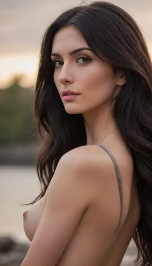 She is facing away from the camera, with her head gently turned to the side, (showing a soft profile:2), . Her hands rest gracefully on her buttocks, subtly emphasizing the curves of her lower body., ((Her long, long dark hair flows naturally down her back:1.5)), slightly wet and glistening in the sun.