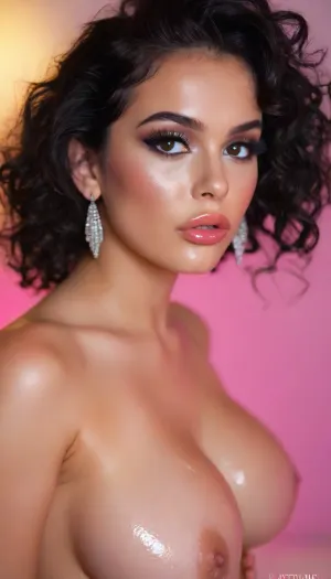 Score_9, score_8_up, score_7_up, masterpiece, 8k, penthouse style, Hyperrealistic portrait of a beautiful woman with, huge perfect breasts and dramatic evening makeup. Her face features, exceptionally long layered eyelashes, smoky eyes with silver glitter particles on eyelids, perfectly defined cut-crease technique. Full plump lips slightly parted in a pout, pearlescent lipstick, accentuated with lip liner. Her expression is sultry and intense, with a smoldering gaze looking directly at viewer. Stylized curly hairstyle, black hair slicked back with deep side part, revealing delicate diamond earrings. Subtle highlighter on cheekbones and nose bridge catching the light. Professional photography, sharp focus, studio lighting with soft shadows, capturing every detail of makeup texture and skin pores. Pink background, bright apotlight, cinematic lightning, volumetric fog, dramatic chiaroscuro, but, <lora:BUT_SDXL_SHS:.8>, <lora:MJ52:.8>