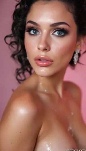 Score_9, score_8_up, score_7_up, masterpiece, 8k, penthouse style, Hyperrealistic portrait of a beautiful woman with, thick perky nipples and dramatic evening makeup. Her face features, exceptionally long layered eyelashes, smoky eyes with silver glitter particles on eyelids, perfectly defined cut-crease technique. Full plump lips slightly parted in a pout, pearlescent lipstick, accentuated with lip liner. Her expression is sultry and intense, with a smoldering gaze looking directly at viewer. Stylized curly hairstyle, black hair slicked back with deep side part, revealing delicate diamond earrings. Subtle highlighter on cheekbones and nose bridge catching the light. Professional photography, sharp focus, studio lighting with soft shadows, capturing every detail of makeup texture and skin pores. Pink background, bright apotlight, cinematic lightning, volumetric fog, dramatic chiaroscuro, but, <lora:BUT_SDXL_SHS:.8>, <lora:MJ52:.8>