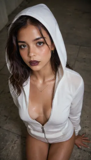 masterpiece, score_9, score_8_up, score_7_up, 1girl, (((view from above))), head out of frame, hiding face, censored face, leaning forward, sexy pose, on all four, breast focus, nipple focus, (body freckles, tanned skin, blush), (30yo, skinny Latina girl with beautiful wide and full lips), (dark lipstick:1.3), very long black messy hair, she's wearing a, ((fully unzipped white hoodie)), no bra, large necklace, medium breasts, tan lines, shiny skin, natural skin texture, realistic skin texture, detailed skin texture, skindentation, clothes, tanlines, raw, lighting, overexposed, harsh, very, dark, focused, flash, photo, <lora:FDXLTanlinesFP16:.4>, <lora:Rawfully Stylish v0.2_epoch_20:.5>, <lora:sdxl_darkflash_v6-000060:.6>