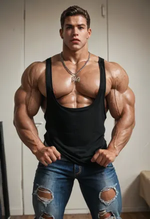 A sexy young man, big beefy 20-years-old young black guy, big lips, (big brown lips:1.3), big mouth, big muscles, (big muscles:1.3), big pecs, shine skin, wearing sexy tight low-waisted tight torn denim, underwear apparent, underwear visible, sagging boy, (sagging:1.4), short tee-shirt, big chains necklace, stands proudly in class room, sexy, hot, solo, only man, no women, front view, super cool pose, angry face, rage face