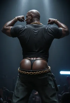 Picture of sexy gangsta rap man, black skin, lean body, (black skin:1.4), (big mucles:1.3), nice body, 28-years-old man, gangsta rap, thug man, wearing very large sagging cargo pants, thong apparent, (sagging:1.4), nice ass, big round ass, big booty, long large tee-shirt, big belt, big chain necklace, sexy gangsta rap man, rapper man, pecs, abs, rap dancing, sexy, hot, cool pose, cinematic, stands on concert stage, lights, back-side rear view, 3/4 back side