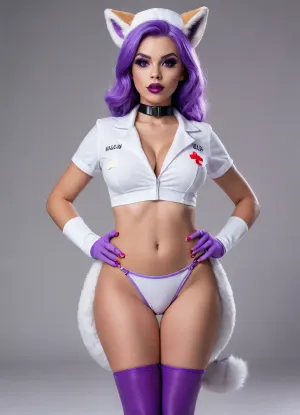 sexy toon female furry fox, fit body with wide lean hips, dressed as a nurse, full-body front view, plain background, (big purple lips:1.5), (makeup:1.4), <lora:early621-000002:.8>