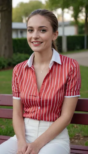 Catholic French girl sitting on a bench looking up to the camera, shy laughing with dental braces, straight short ponytail hair, (bare forehead), tiny earrings and necklace, wearing her silky satin slim striped red collared shirt, white leather slim trousers. she is reaching for the photographer's penis to grab it with both hands