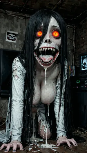 score_9, score_8_up, score_7_up, score_6_up, (animated, 2d, anime style), (((Sadako Yamamura))), 1girl, solo, long hair, black hair, very long hair, (mess hair), naked breast, torn clothes, impossible clothes, hair over eyes, torn dress, grey skin, impossible dress, yamamura sadako, hair over one eye, (((yandere, psychosis, possession, dangerous, crazy, psycho))), blush, (heavy breathing), steam, (bags under eyes), night, television, sweat, head tilt, cleavage, (massive veiny breasts, saggy), ((full body)), (night, dark room), (red glowing eyes), (((stuck in static tv screen))), glitches, lean forward, ((gothic style, dark theme, low light, cold colors, nightmare, horror)), (horror mouth wide open:1.3), excessive Saliva dripping, side view, bukkake, cum, <lora:MS_Real_XL_Bukkake:.8>, (thick white cum:1.2), cum in pussy, dripping pussy, (anal sex:1.3), (cum dripping from pussy:1.4)
