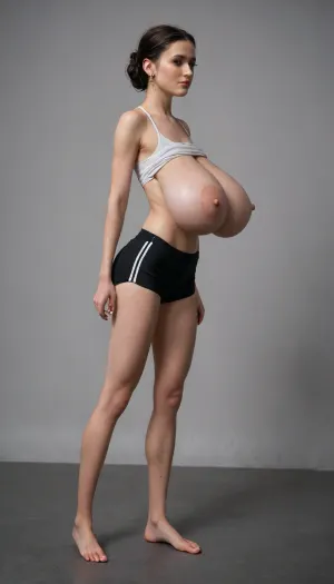 ((p4dme amidala)), (((perfect makeup))), The girl has a very very slender body and, ((massive young saggy breasts:1.6)), ((long saggy boobs)), (((slim figure))), ((sport figure)), (((very slim narrow hips))), perfect face, ((long legs)), ((wearing yoga shorts)), (((Breasts sticking out from under top))), (side view, sideview), full body, High detailed skin, BustyEmaXL, <lora:sagging-000015:2>, <lora:BustyEmaXL10:.8>