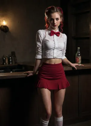 bartender, totally exouhst 20 years old waitress, this small cum dump is waiting for the next cum client, shy pose, (((skinny body))), smiling, leaning on table, very small ass, slender body, skirt, white ruffles socks, natural red pigtail, full body view, black flat classic shoes, shirt with bow tie, black short skirt, ruffled micro skirt, in cellar, small body, straight legs, photo, portrait, perfect face, (((close side view))), <lora:Thigh_gap_SDXL:1.8>, <lora:real-humans-PublicPrompts:1.5>, <lora:dark:.2>