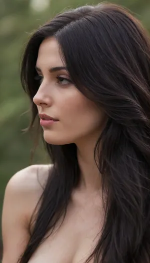 She is facing away from the camera, with her head gently turned to the side, (showing a soft profile:2), . Her hands rest gracefully on her buttocks, subtly emphasizing the curves of her lower body., ((Her long, long dark hair flows naturally down her back:1.5)), slightly wet and glistening in the sun.