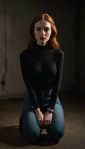 Very pretty and beautiful 25yo slim girl. Imperfect face. Scared and humiliated look. Tall. Redhead. Cheekbones. Sharp chin. Full body view. Wearing casual tight clothes. Straight hair. Casual dark clothes. In the bdsm dungeon. Red lipstick. Wearing brown tight turtleneck. Blue jeans. Black shoes. Down on the floor on her knees. Hands cuffed. Hands tied together. Kneeling.