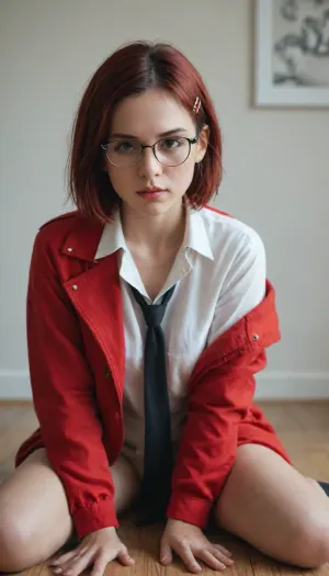A photo-realistic shoot from a smartphone showing a young woman with blue hair styled in a short bob cut, wearing a red jacket, white shirt, black tie, and glasses, sitting on a wooden floor in the middle of the image, looking directly at the camera with a serious expression. the woman appears to be in her late or early twenties, with pale skin and a slim body. she is wearing black thigh-high socks and a red hair clip in her hair. the background is a plain white wall and a beige bedspread, and the lighting is soft and natural, creating a cozy atmosphere. the image is taken from a top-down perspective, with the user's profile visible at the top of the screen. the text "перепити к посту" is written in Russian at the bottom of the screenshot, indicating that it is a screenshot of a photo editing app. the photo appears to have been taken from the front, with a caption that reads "331/3191".