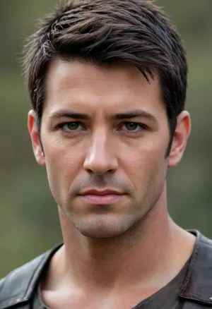 triangular eyelids, A 20 years old man, face of Joe Flanigan highly trained. Blackhaired irish handsome man, high cheekbones, clean shaven, gray eyes with triangular eyelids with iris of dark grey rim and light grey star-shaped inside. Black hair in a single braid coming from the top of the head. Brown leather armor. Half face portrait, looking straight ahead.