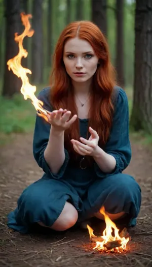 full shot. a bright red-haired young woman. bast shoes. Russian. Slavic witch, lapty, red hair. she wring her hands together. Her palms are glowing. Her palms are burning. full shot