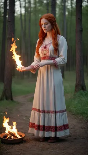 for book cover. full shot. a bright red-haired young woman. bast shoes. Russian. Slavic healer, long dress. lapty, red hair. she wring her hands together. Her palms are glowing. Her palms are burning. full shot
