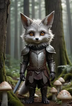 fantasy race called Lietaх, miniature humanoid creatures, knee-high height, fluffy fox-like faces with delicate elven features, large luminous intelligent eyes, furry pointed ears, silver-grey fur, wearing intricate dark leather armor. Cute and harmless appearance but with sinister arrogant expression. Standing in mystical forest with glowing mushrooms, dramatic lighting, hyperdetailed, cinematic fantasy art, style of Brian Froud and Arthur Rackham, contrast between innocence and malevolence. Dark fantasy, uncanny valley