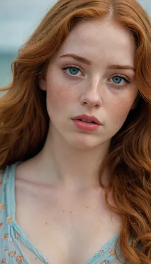 nice woman, 18 years old, plump big inflated lips, big blue eyes, long golden red hair, slightly curly. Eyebrows to match the hair tone. an abundance of freckles on the face. She is pretty, with an oval face completely covered in freckles. looks like Venus from Sandro Botticelli's painting "The Birth of Venus"