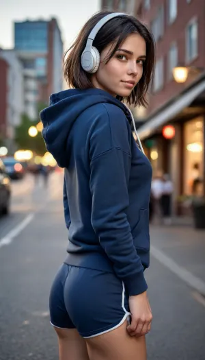 Sexy photo, Low back angle view, Stunning athletic 20 year old sporty woman, perfect toned body, (dark blue hoodie, black running small shorts, white sneakers, headphones:1.5), muscular buttocks, huge breasts, slim waist, short black hair asymmetrical bob-cut, perfect green eyes, walks in the street, sensual look, sensual gait, perfect happy and smiling face, cheekbone, sunset, backlight, epic light, Don't look at the Lens, ultra realistic, 8k, masterpiece, full ultra-detailed, full, professional photo raw, low side angle view with perspective, depth blur, respect prompt, <lora:add-detail-xl:.8>, <lora:detailed_notrigger:.8>, Rainbowiridal, Spiral, rainbowiridal, eyes, palette, Shiny..., Bright..., Intense, gaze, Fire, dragon, Amber, cat, Anthro..., woman, Genetically, modified..., <lora:Stunning_eyes_2:.8>, 1girl, stunning, lady, sunny, clothing, <lora:Stunning_Girl:.8>