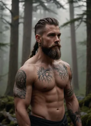 Muscular man, Norse mythology, Yggdrasil tattoo, intricate branches, roots, and leaves, bold black ink, sleeveless arm, flexed bicep, Viking-inspired beard, braided hair, silver earring, Nordic warrior, forest setting, misty atmosphere, foggy mountains in the background, golden lighting, cinematic composition, 3/4 view, dramatic shadows.