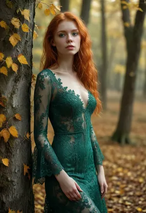 h41ry beautiful gorgeous nude red head girl, (green, transparent, lace, dress:1.3), autumn forest, yellow and red leaves, leaning against a tree, <lora:h41ry:.75>, <lora:detailed_notrigger:.8>, <lora:MJ52:.8>