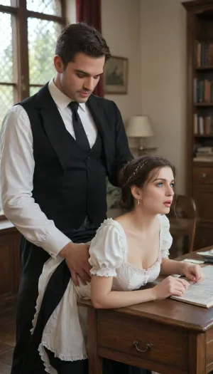 Victorian style, man in costume fucking behind maid, punishment fucking behind, men lifted up her skirt, near the desk, she rests her hands on the table, lana, rhoades, ohwx, woman, <lora:lanarhoades_SDXL:1.5>