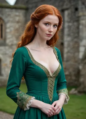 seductive shameless irish redhead in medieval green dress with very low neckline