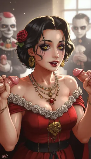 Hentai image, high detail, 8K resolution, preparation for the Day of the Dead, Mexican mature woman with a wreath of flowers on her black hair, (Katrina Calavera-style makeup:1.6), detailed makeup outlined with black lines, white paint, standing, kneeling, two men nearby, woman jerking them off, (handjob:1.4), behind her festive altar, (decorated with marigolds and roses), (sugar skulls:1.4), depth of field, soft bokeh background, natural lighting, muted colors, realism, HDR, cinematic lighting, full-size image, classic anime