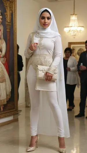Indian muslim woman, 18 years old young Beautiful sexy muslim sexy married wife, prominent sexy face, mediam breasts, high tied hair, heavy makeup, wearing a fully transparent nylon full-length white hijab with embroidery and high stiletto heels, holding a luxury bag standing in a crowded art exhibition gallery. One man fondeling her ass