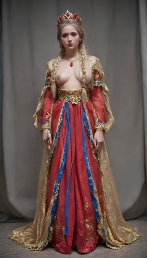 standing on 4 in park, insanely hot, sexy young Velma in soaking wet white shirt, (very long wet hair:1.4), wet cloth sticks to her body like a second skin, shaping her massive tits, (((nipples visible under clothing))), pointy perky breasts, extreme puffy nipples, perfect waist, perfect hourglass figure, skin pores, detailed skin, perfect hands, perfect fingers, realistic skin, masterpiece, best quality, high resolution, ultra detailed, bulging big tits, erect hard nipples visible through the cloth, no panties, shaved pussy, skinny, 18yo, very cute face, adorable, big shiny blue eyes, detailed face, detailed hair, detailed shirt, wet shirt, full body view, ((The image shows a young woman dressed in an elaborately detailed Renaissance-style dress. The dress is decorated with red, white and blue flowers, as well as intricate lace. On her head she wears a floral headdress made of red and blue flowers.She looks very delicate and sophisticated, with pale skin, blue eyes and golden hair. The background is a blurry mix of blue and gold tones, which gives the image a dreamy, dreamy look. Overall, the image creates an impression of classic beauty and elegance.)), ((full body view, The photo shows a woman dressed in a traditional Russian outfit. She has long blonde braids in her hair and a, (red crown with jewels:1.6), on her head.:1.5)), <lora:WetshirtXL_-_Wet_T-Shirt_for_SDXL:.8>, NEGATIVE_HANDS