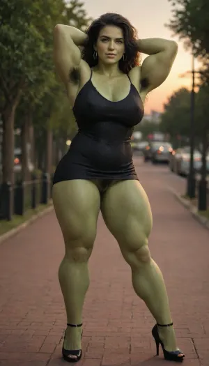 (front view, full body), She-hulkpsoing in a dress hands behind her head and legs wide, (green skin:2), long hair, round ass, (huge boobs), extremely hairy pussy, hairy armpits, extremely muscular, very horny, wearing a skintight black dress, black leather dress, (short cocktail dress), bodybuilder pose, showing off muscles, ((wide stance, legs wide accidentally exposing hairy pussy), accidental flash, visible hairy pussy), stiletto heels, Evening sunset, city park, (park), <lora:SHEHULK_SDXL-000005:2>, <lora:She_Hulk-000006:2>