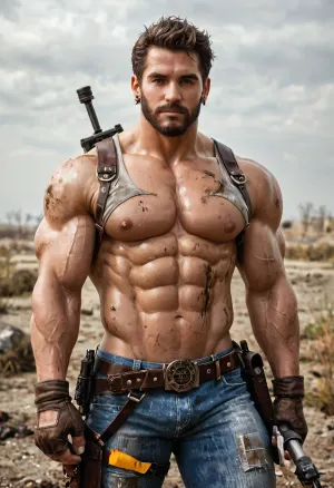 A beefy muscular man, 45-years-old, big muscles, brown hair, thick beard 45-years-old daddy man, (beefy daddy:1.3), muscles tigh, (muscles tigh:1.3), very sexy, wearing tight dirty jeans, white dirty tank-top, brown leather gloves, big belts, holster on tigh, brown leather jacket, stands in Post-apocalyptic land, holding Ak47 weapon, only solo man, fantasy, cinematic, Chern4byl, enviroment, ak_74, <lora:PostApocalyptic_Chernobyl_v3:1>, <lora:ak_74_SDXL:1>