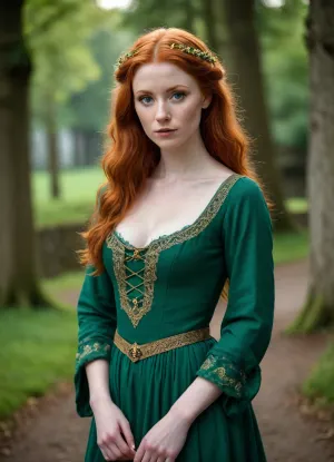 seductive shameless irish redhead in medieval green dress with very low neckline