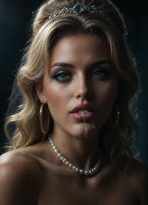 Photorealistic action_shot, shot on Fujicolor pro 400H, 1/4000s, f/1.4, UHD, award winning cinematic artwork, ((closeup Macrophotography, facial sideview portrait of a 19yo aristocratic classy bride)), ((highly erotic supermodel)), ((posh bridal headdress, fishnet veil)), naked torso, golden hoop earrings, pearl necklace, ((explicit nudity)), high awarded erotic supermodel, ((ultimate realistic details)), ((professional makeup, professional hairdo)), long platinum blonde hair with metallic silvery shine, ((marilyn monroe style perm wave)), wavy hair frames the harmonic oval shaped face with defined cheekbones, fevered rosy blush on cheeks, (thin fine-lined eyebrows, clearly defined mascara kohl eyeliner and very long curved lush_lashes:1.2), full lips of a bold red tone, thick red lipstick shiny moisturized by transparent wet gloss, ((fully round lips:1.3)), upper lip is slightly thinner than the lower, lower lip protrude and fully round, half opened mouth, ((cum on mouth, drooling cum)), (cum on face), ((sucking 1 huge veiny erected penis:1.1)), penis in mouth, alluring gaze, sensual, 80mm macro lens, (close depth of field), ((very bright dramatic vivid front_light:1.4)), ((blurred background, foggy air)), ((plain azure blue background:1.2)), supermodel, face, big, lips, <lora:attractive_notrigger:2>, <lora:SDXLFaeTastic2400:2>, <lora:Beautify-Supermodel-SDXL:1.2>, <lora:dark:.1>