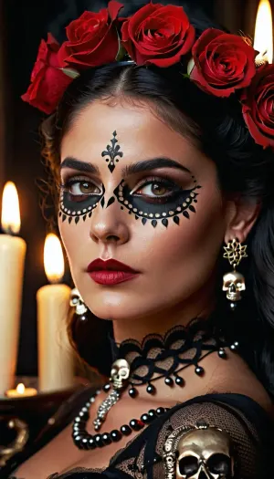 (Close-up of a female catharina:1.3), detailed face, calavera makeup, (intricate skull patterns on face:1.2), red roses in hair, rose tiara, black hair, hairstyle, black lace dress, neckline, rose necklace, earrings, (soft volumetric lighting:1.1), candles in background, halo effect, cinematic lighting, dark background, detailed clothing, (realistic skin texture:1), (high detail:1.2), (incredible detail:1.1), (photorealistic:1.1), (perfectly drawn eyes:1.2), (delicate facial features:1.1), (intricate illustration:1.1), stunning quality, 4k, 8k, artstyle Uttar Kumar, artstyle Artstation