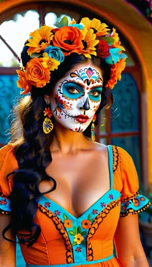 (Calavera Katrina makeup:1.2), (close-up woman:1.1), wearing, (bright orange dress with floral print:1.3), Day of the Dead holiday, dark hair, (red and yellow flowers in hair:1.1), (colorful face makeup:1.2), heart on forehead, (blue eye shadow:1.1), (clear makeup lines:1.1), (Mexican folklore:1.1), (detailed background with embellishments:1), (straps and ribbons:.9), (velvete embellishments:.8), (candles:.7), festival lighting, bokeh, realistic, high resolution, (depth of field:1), (natural light:1), cinematic lighting, ultra detailed, 8k, photography, (saturated colors:1.1)