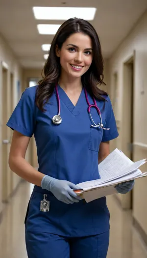 masterpiece, ultra-hyper-photorealistic, surgically detailed with precision, 8k, maximum definition, A woman from the United States, 30 years old, (nursing uniform:1.1), dark blue bib pants, gloves, non-slip socks, stethoscope around neck, (long dark hair, smiles and looks directly at the viewer), . She runs hurriedly towards the emergency room, holding an admission form. emergency hallway, hospital night shift. natural lighting, casting soft shadows. The general composition is a full shot with the woman centered and well lit, wide side view, illuminated emergency hallway. Dynamic motion blur to emphasize speed