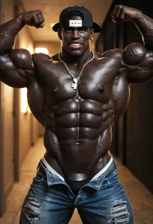 A sexy black young man, big beefy 20-years-old young black guy, (black skin:1.6), black man, big lips, (big brown lips:1.4), big mouth, big muscles, (big muscles:1.3), big pecs, black skin, shine skin, wearing sexy tight low-waisted tight torn denim, underwear apparent, underwear visible, sagging boy, (sagging:1.4), hip-hop tee-shirt, backwards cap, big chains necklace, stands proudly in college corridor, at night, night, sexy, hot, solo, only man, no women, front view, flexing one arm, flexing one biceps, angry face, rage face